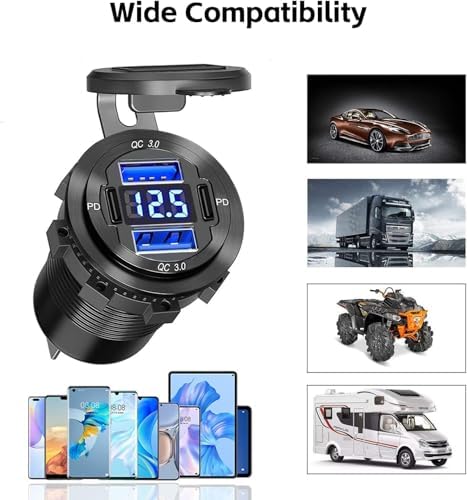 12 V Dual QC3.0 & PD3.0 USB C Car Charger Socket with Voltmeter – Waterproof Aluminum Alloy Quick Charge Power Adapter for Vehicles, Boats, RVs, and More – Ultimate Fast Charging Solution for Smartphones and Devices