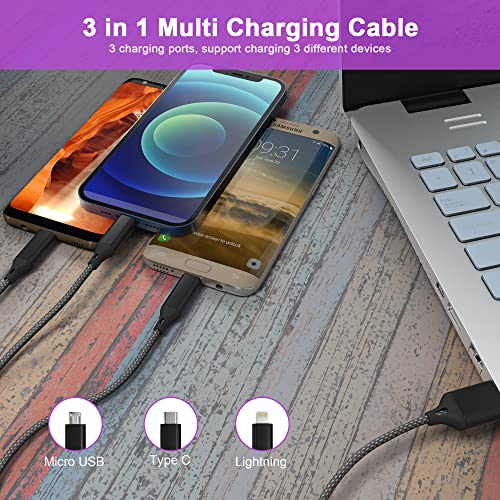Ultimate 3 in 1 USB Long Charger Cable – 3 M/10 FT Braided Fast Charging Cord with Universal USB C, Micro USB & Lightning Connectors – 6 A Power Delivery for Rapid Device Charging – Durable & Tangle-Free Multi-Device Charging Solution
