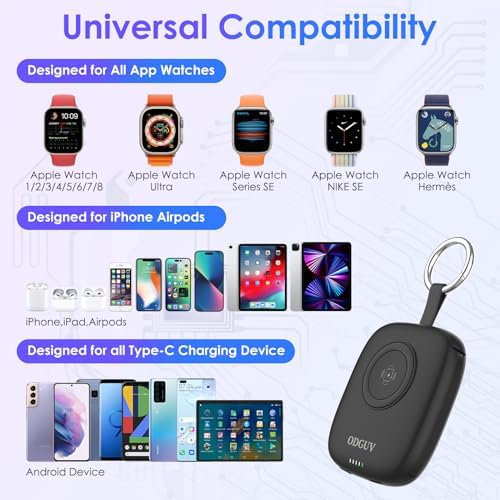 Compact 5000 m Ah Portable Charger with Built-in Cable – Keychain Power Bank for Apple Watch and i Phone – Fast Wireless Charging for Apple Watch 9/Ultra2/8/7/6/SE/5/4/3, Compatible with i Phone 15/14/13/12/11 & Android Devices – Ultimate Travel Accessory for On-the-Go Power
