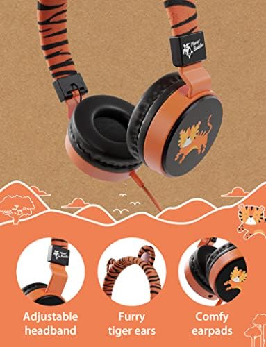 Furry Tiger Eco-Friendly Kids Headphones with Built-in Microphone – Volume-Limiting Design for Safe Listening, Superior HD Sound Quality, and Travel-Friendly Foldable Structure Perfect for i Pad and Laptop Compatibility