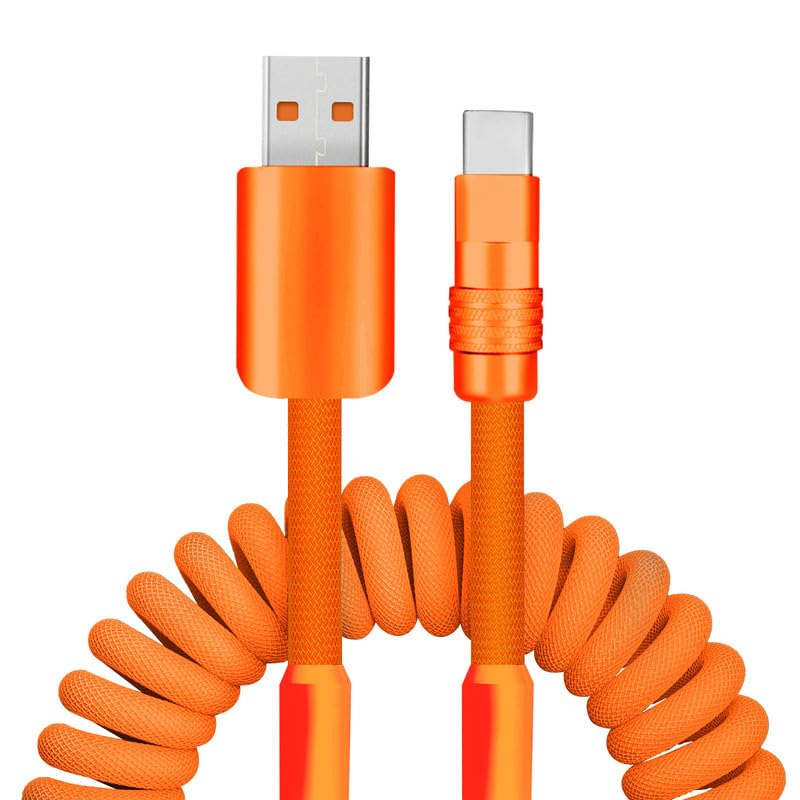 Dynamic Curly Chubby Coiled USB C Cable: 240 W Fast Charge Retractable Spiral Braid Cord for Carplay & Android Auto, Versatile Length 2.29 FT to 3.6 FT, Sleek Black and Red Design, Enhanced Compatibility for All USB-A to Type-C Devices
