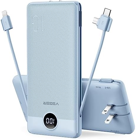 VEGER Ultra-Slim 10,000 m Ah Portable Charger with Built-in Cables and Integrated Wall Plug – Fast Charging Power Bank for i Phone, i Pad, Samsung, and More – Essential Travel Battery Pack for On-the-Go Charging and Enhanced Device Compatibility