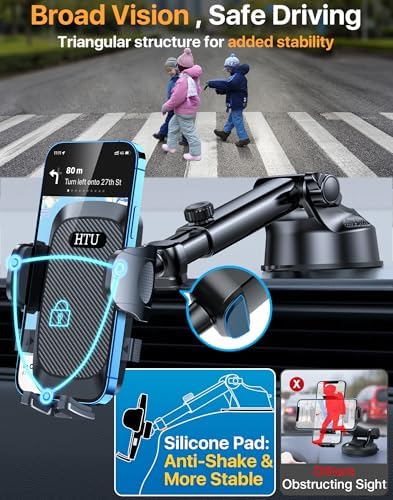Military-Grade Universal Car Phone Holder – Enhanced 2025 Suction & Clip Technology for i Phone 16 Pro Max, 15 & Samsung – Adjustable Dashboard, Windshield, Air Vent Mount for Optimal Viewing & Safety – Durable Black Design for Secure Smartphone Access