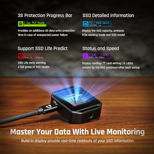 DOCKCASE Ultra-Fast M.2 2230 NVMe SSD Enclosure with Power Loss Protection – 10 Gbps USB-C 3.2 Gen2, Secure Installation with 1/4″ Screw Hole, Enhanced Compatibility for M-Key and B+M Key Drives, Ideal for Professionals and Tech Enthusiasts