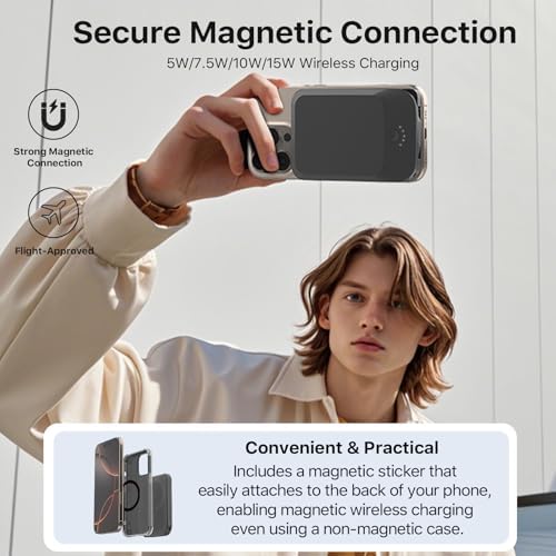 NOBIS 5000 m Ah Slim Magnetic Power Bank with Built-In USB-C Cable – Wireless Portable Charger for Quick Charge 3.0 and Mag Safe Compatibility – 22.5 W Fast Charging Solution for Android and i Phone Users on the Go