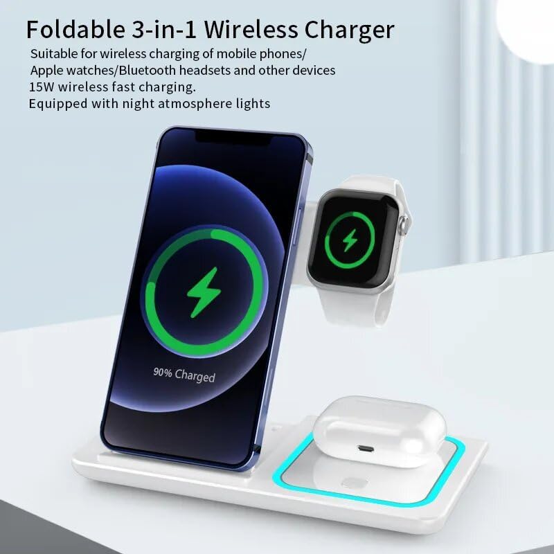 Ultimate 3-in-1 Foldable Wireless Charging Dock for Apple Devices with Built-In LED Night Light – Fast, Compact, and Stylish Charger for i Phone, Apple Watch, and Air Pods – Perfect for Home and Travel – Sleek White Finish for Modern Aesthetics and Organized Spaces