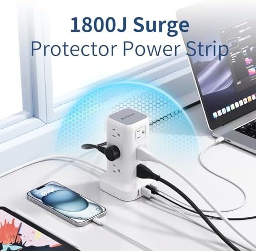 Ultimate Surge Protector Power Strip Tower with 10 FT Cord and 4 USB Ports (1 USB C) – 12 AC Outlets for Home Office and Dorm Room – Space-Saving Design with Enhanced Protection for Your Electronics and Fast Charging Solutions
