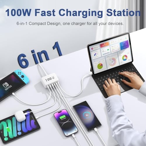 100 W Ga N Multi-Device Charging Hub – Ultra-Fast 6-Port USB-C and QC USB-A Station for i Phone, i Pad, Samsung & More – Compact High-Efficiency Wall Charger with Advanced Safety Features for Seamless Home & Office Charging Solutions