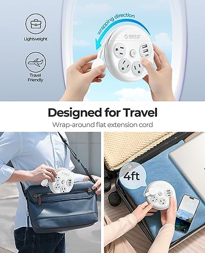 Compact ORICO Travel Power Strip with 3 AC Outlets & 3 Fast USB Ports (1 USB-C) – Space-Saving Flat Plug Extension Cord for Effortless Charging on Cruises, Hotels & Airports – Essential Travel Accessory in Sleek White Design
