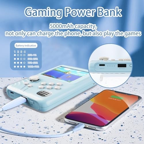 Multi-Function Gaming Power Bank: 5000 m Ah Portable Charger with 300 Built-in Games for i Phone/Samsung/Android – Ultimate 2-in-1 Travel Companion and Gift Idea for Gamers and Tech Enthusiasts, Compact Design with LED Power Indicator