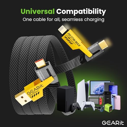 Ultimate 4-in-1 Fast-Charging Cable by GEARit – 100 W USB-C, USB-A & Lightning Connectors for Seamless Multi-Device Charging – 4.6 Feet Tangle-Free Flat Design for Enhanced Portability – Compatible with i Phone, Mac Book Pro, Tablets & More – Elevate Your Power Experience with Superior Durability and Efficiency