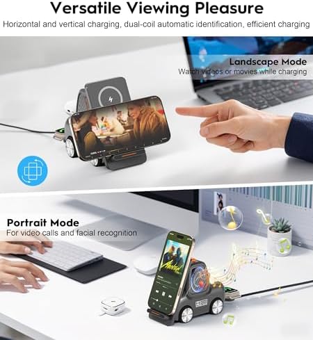 Forklift-Style 4-in-1 Wireless Charging Station with Bluetooth Speaker – Fast Charging Hub for i Phone 16/15/14/13 Pro Max, Apple Watch, Air Pods & Android Devices – Premium Sound & Compact Travel Design for Seamless Audio Streaming & Device Safety