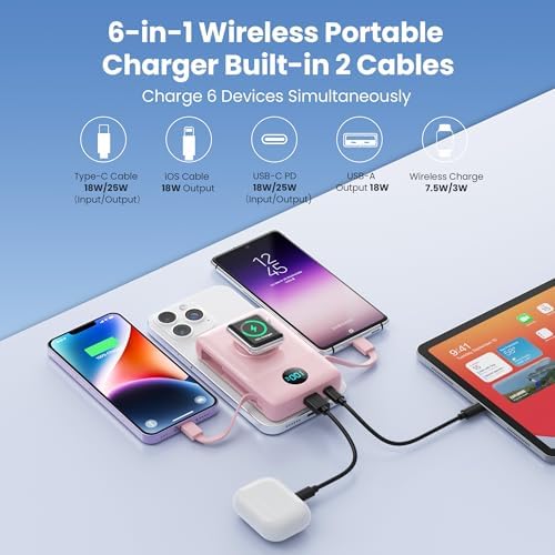 Ultimate 6-in-1 Magnetic Portable Charger, 10800 m Ah Power Bank for i Phone – Features Integrated Cables, Wireless Charging for Apple Watch, Smart LCD Display, and 25 W PD Fast Charging – Perfect Travel Accessory for All Devices with Enhanced Safety Features and Compatibility for i Phone 12 to 16 Series