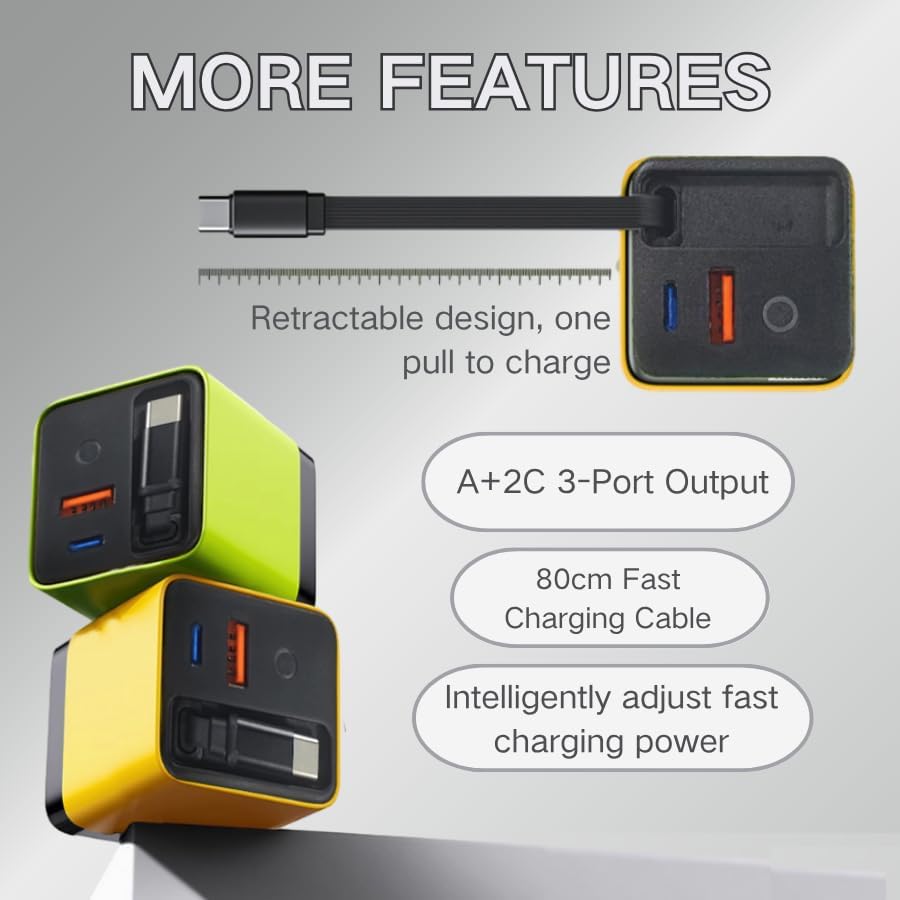 High-Efficiency 3-in-1 Ga N Charger – 80 W High-Speed Power Hub with Retractable USB-C Cable & Dual USB Ports for Ultimate Multi-Device Charging – Ideal Companion for Laptops, Smartphones, and Wireless Earbuds on the Move