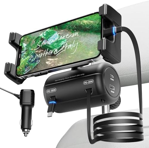 OHLPRO 6-in-1 Backseat Car Charging Hub with Retractable Phone Holder – Fast 40 W PD/QC Dual USB Adapter for All Smartphones – Ideal for Rideshare, Uber, and Taxi Passengers – Compact, Clutter-Free Design with Secure Headrest Mounting for Ultimate Convenience and Connectivity