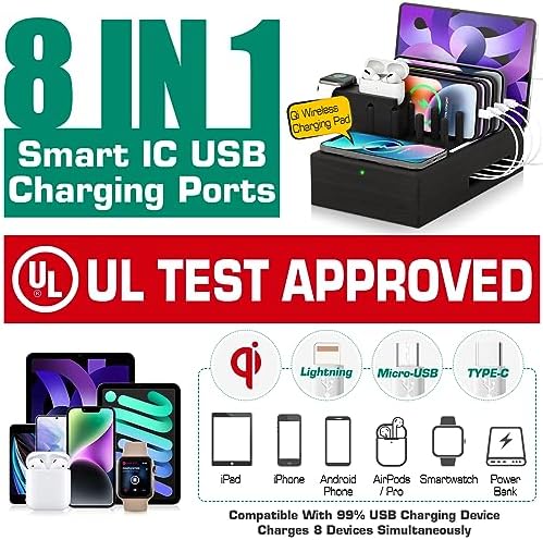 Eco-Friendly Bamboo Wireless Charging Station – Versatile Docking Organizer with 7 USB Ports for Fast Qi-Certified Charging of Smartphones, Smartwatches, Earbuds, and Tablets – Sleek Design for Enhanced Productivity and Clutter Reduction