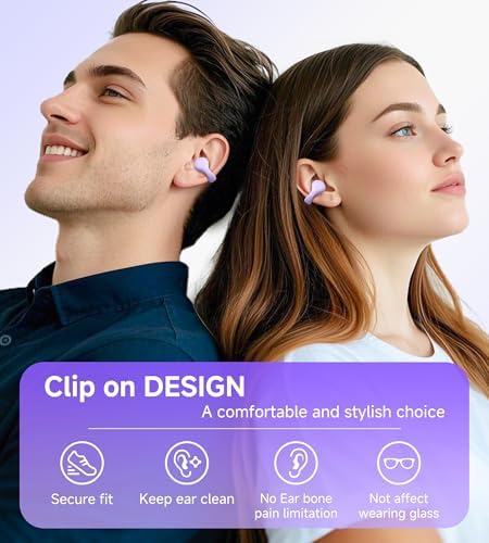 King Lucky i21 Purple Bluetooth 5.3 Open Ear Clip-On Earbuds – Advanced Noise Cancellation & IPX4 Waterproof Design for Small Ears and Glasses Wearers – Perfect for Active Lifestyles & Hands-Free Calls
