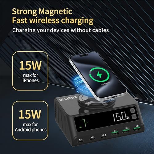 Power Up Your Devices with the 110 W USB C Multi-Device Charging Station – 6-Port Ga N Charger with Magnetic Wireless Dock for i Phone, i Pad, Samsung, Laptops & More – Sleek Black Design for Ultimate Space Efficiency and Versatile Compatibility