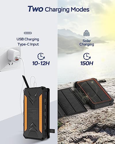 20000 m Ah Solar Power Bank: Ultimate Waterproof Portable Charger with Dual 3 A Fast Charging Outputs, 4 Efficient Solar Panels, and Built-in Flashlights for Outdoor Adventures, Camping, and On-the-Go Device Charging – Black Edition