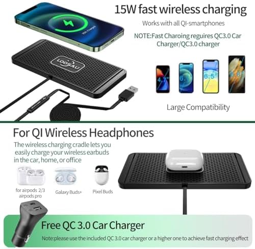 LOOSAU 15 W Fast Wireless Charging Pad for Cars – Non-Slip, High-Compatibility Charger for i Phone 15/14/13/12/11 Pro Max, Samsung Galaxy S23/S22/S21/S20/S10+/S9+/Note 9 – Smart Design for Seamless Power-Up on the Go
