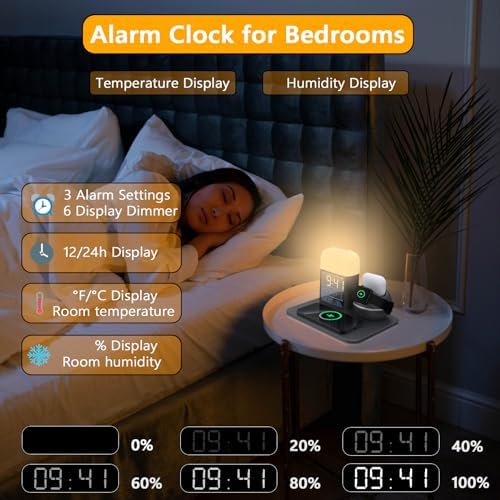 Ultimate 9-in-1 Wireless Charging Station with Integrated Alarm Clock and Night Light – Fast Qi-Certified Docking Solution for Apple Devices with 30 W Ga N Charger and USB Port – Stylish Blue Design for Clutter-Free Bedside Charging