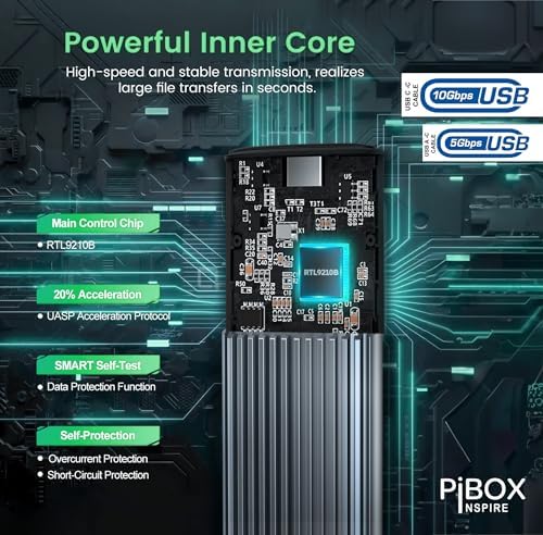 High-Speed Pibox India NVMe M2 Enclosure with Fan – USB 3.2 10 Gbps Tool-Free SSD Adapter for 2230/2242/2260/2280 M & B&M Keys – PCI-E NVMe Reader with Enhanced RTL9210 Performance and Heat Dissipation Solutions