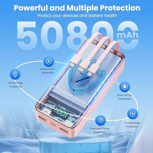 High-Capacity 50800 m Ah Portable Power Bank with 3 Built-In Cables, 25 W PD & QC4.0 Fast Charging – Universal Charging Solution for i Phone 16/15/14/13, Android Devices & More – Smart LCD Display, 6 Outputs & 2 Inputs, Enhanced Safety Features for On-the-Go Power Needs