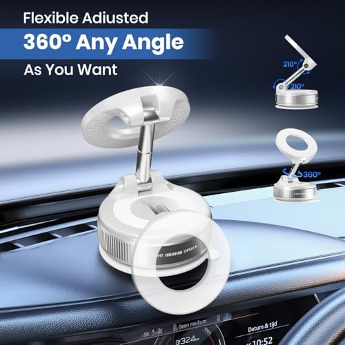 Upgraded 360° Vacuum Magnetic Phone Holder, Suction Cup Phone Mount, Foldable Strong Magnetic Cell Holder for Car/Gym/Mirror/Smooth Surface, Compatible with Magsafe iPhone (White) – Enhanced Compatibility and Speed