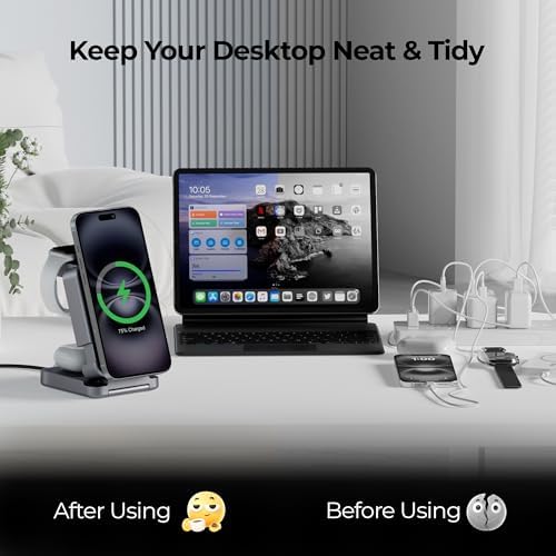 Premium 3-in-1 Foldable Wireless Charging Station – 2025 Model with 15 W Fast Charge for i Phone 16, Samsung S25, and All Apple Watch Series – Portable Magnetic Charger Stand with Enhanced Safety and Stability – Sleek Grey Design for Nightstand and Travel Use