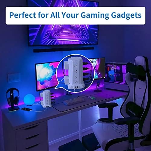 10 ft NTONPOWER Power Strip Tower with 8 Outlets & 5 USB Ports – Premium Surge Protector with Individual Switches, 1080 Joules Protection, 13 A Circuit Breaker – Ideal for Home Office & Entertainment Setup, Sleek Black Design for Ultimate Convenience