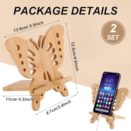 Premium 2 Pack Butterfly Bamboo Wood Phone Stand – Eco-Friendly, Handcrafted Portable Desktop Holder for All Smartphones & Tablets – Stylish & Functional Office Accessory for Enhanced Productivity and Organization