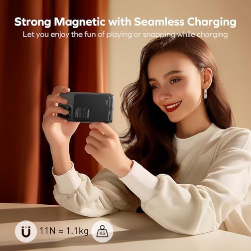 MOMAX 5000 m Ah Ultra-Slim Magnetic Power Bank – 0.3-Inch Portable Charger with 20 W Fast Wired & 15 W Wireless Charging, Compatible with Mag Safe and i Phone 15/14/13/12 Series, Includes USB-C Cable, Black – Lightweight Travel Companion with Strong N52 Magnet for Optimal Alignment & Advanced Safety Features for Secure Charging