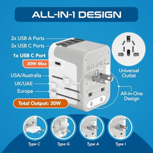Global Travel Power Adapter – Ceptics 6-in-1 Charger with Dual USB-A & Triple USB-C Ports for Lightning-Fast Charging – Universal Compatibility for USA, EU, UK & AUS Electronics – Ideal for Smartphones, Laptops & Cameras – UP-30 KU-BL for Efficient Multi-Device Charging Solutions
