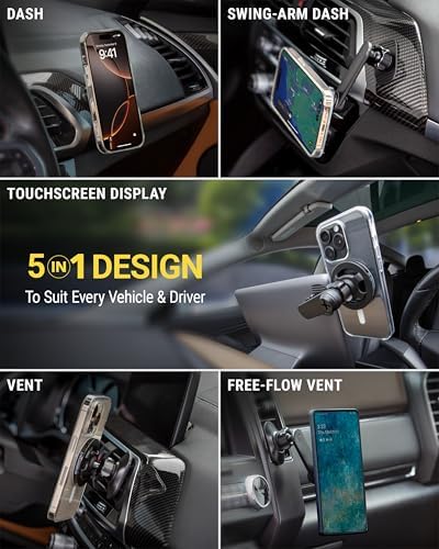 Scosche SMS1 ODVR-1 Magic Mount: 5-in-1 Mag Safe Magnetic Phone Holder for Hands-Free Driving – Versatile Car Vent, Dashboard & Floating Screen Mounts Compatible with i Phone 12-16, Secure Grip & 360-Degree Rotation for Optimal Viewing