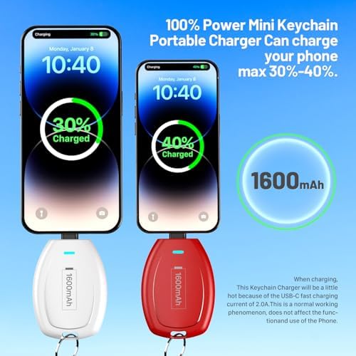 Compact Keychain Power Bank Duo: 1600 m Ah Emergency Charger for i Phone 8, 11, 12, 14 & Air Pods – Ultra-Portable Mini External Battery Pack in Stylish Blue & Pink – Fast Charging & Enhanced Compatibility for On-the-Go Power Solutions