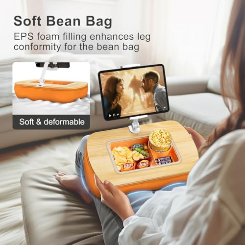 Ultimate Comfort Lap Beanbag Tablet Pillow Stand with Integrated Snack Bowl – Adjustable 360° Rotating i Pad Holder for 4.7″-13″ Devices – Perfect for Hands-Free Reading and Relaxation on Bed, Couch, or Recliner in Stylish Gray – Enhance Your Leisure Experience Today!