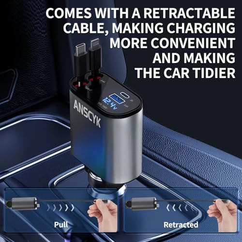 Compact 4-in-1 Retractable Car Charger by ANSCYK – 60 W Fast Charging with Lightning & USB-C Cables for i Phone, Galaxy, Pixel – Sleek Design & Enhanced Compatibility for Effortless On-the-Go Power Solutions
