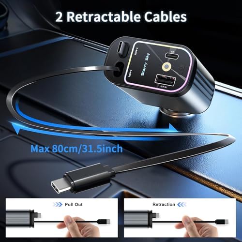 Versatile Retractable Car Charger – 4 in 1 Fast Charging Solution with Dual Type C Cables and 2 USB Ports for i Phone 15/14/13/12/11 Pro Max, Galaxy, Google Pixel – Tangle-Free Convenience & Enhanced Speed for Modern Drivers