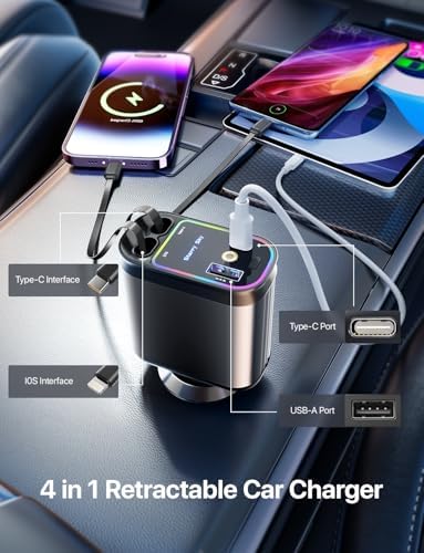 Revolutionize Your Drive: 66 W Retractable Car Charger with Starlight Ambiance – Fast Charging USB-C Adapter for i Phone 16/15/14/13/12 & Pixel – Space-Saving Design for Effortless Charging & Enhanced Automotive Experience