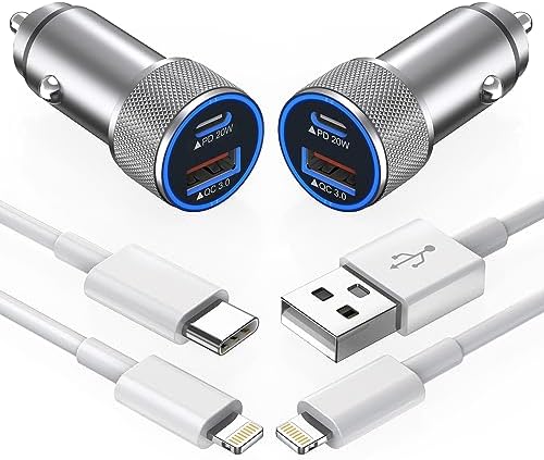High-Performance i Phone Car Charger – Dual-Port 38 W USB-C & QC3.0 Fast Charging Adapter with 2 Lightning Cables, MFi Certified for i Phone 14, 13 Pro Max, 12, 11, X – Sleek Grey Design for Enhanced Compatibility and Efficiency on the Road