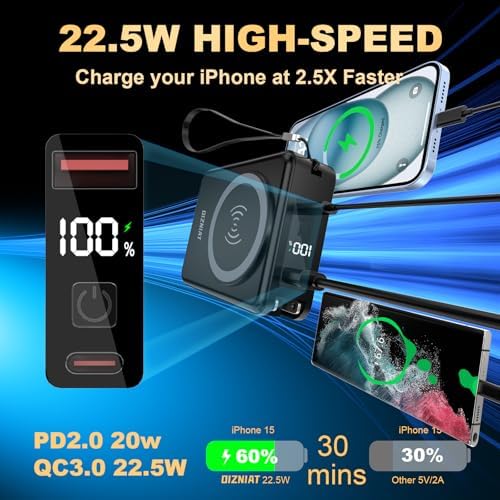 10000 m Ah Mag Safe-Compatible Portable Charger Power Bank – 22.5 W Fast Charging Travel Essential with Built-in USB-C & Lightning Cables – 5-in-1 Wireless Charging Solution for i Phone, Android, and Samsung Devices