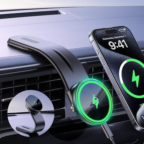 Mag Safe Magnetic Car Charger Mount: 15 W Wireless Fast Charging Holder with Adjustable Aluminum Arm for i Phone – Secure Grip and Optimal Viewing for Every Journey