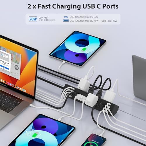 40 W Rapid Charge Desk Clamp Power Strip with 8 AC Outlets & 8 USB Ports – Versatile Surge Protector for Home & Office, Featuring 4 USB-C and 4 USB-A Ports, Secure Edge Mount Design for Tables up to 1.9 Inches, 14 AWG Heavy-Duty Cord for Optimal Performance and Safety