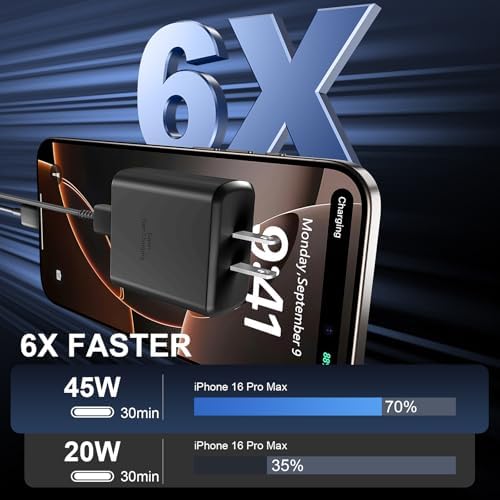 Accelerate Your Power Needs with Our 45 W Ultra-Fast USB-C Charger for Phone 16 Series – Includes a 10 ft Type C Cable in Eye-Catching Purple – Perfectly Crafted for Swift Power Delivery to Phone 16 Pro, Max, Plus & Earlier Models – Unleash Maximum Charging Efficiency and Aesthetic Appeal for Tech Enthusiasts on the Move