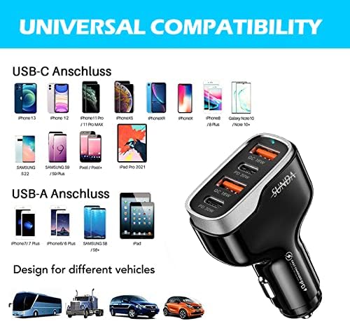 Experience Rapid Roadside Charging with SUNDA 120 W USB C Fast Car Charger – 4-Port Adapter Featuring Dual Type C PD60 W/PPS60 W for i Phone 16/15 Pro/Max/14 & Samsung Galaxy S24, Plus Dual USB-A 30 W QC3.0 for All Android Devices – Compact, Durable, and Universally Compatible for Effortless Multi-Device Charging on the Go