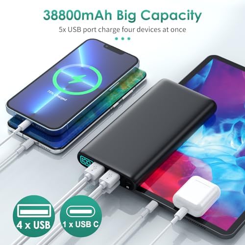 High-Capacity 38800 m Ah Portable Power Bank with LCD Display – Multi-Device Charger Featuring 5 USB Outputs and USB-C Connectivity for Fast Charging – Ideal for i Phone 16/15/14/13 Pro, Samsung Galaxy, Pixel, and Nexus – Ultimate On-the-Go Charging Solution in Blue
