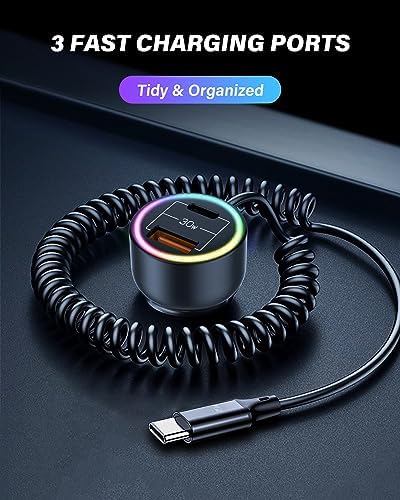 75 W USB-C Car Charger with 6 ft Coiled Cable – Ultra-Fast PD & QC3.0 Charging for i Phone 15/14, i Pad Pro, Samsung S23 Ultra, and Android – Optimal Compatibility & Performance on the Go
