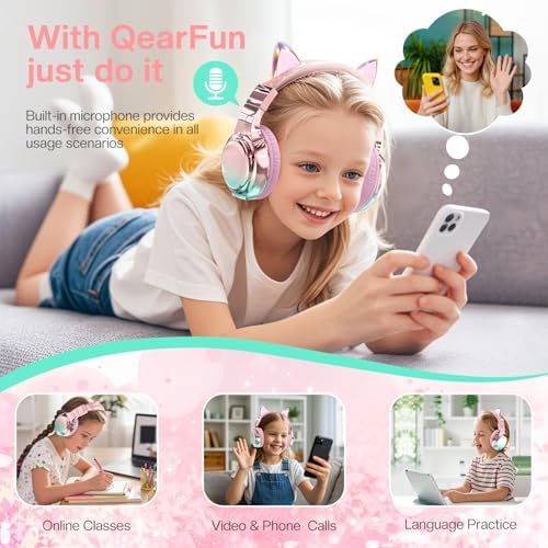 Elevate Your Child’s Listening Experience with Qear Fun Purple Cat Ear Bluetooth Headphones – 60 Hours of Playtime, Safe Volume Control (74/85/94 d B), Ultra-Portable Foldable Design, Advanced Bluetooth 5.3 Connectivity, and Built-in Mic for Girls – Perfect for School, Travel, and On-the-Go Fun