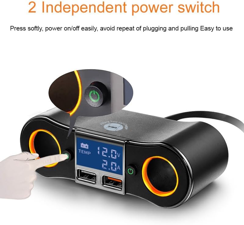 Dual USB Quick Car Charger Adapter with 2 Socket Cigarette Lighter Splitter – LED Voltage Display & Eco-Friendly On/Off Switch for Enhanced Device Charging and i Phone Compatibility