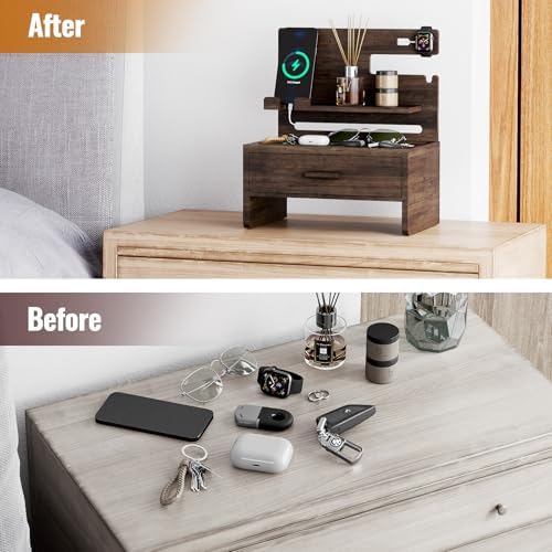 NiHome Wooden Nightstand Organizer for Men, Solid Wood Charging Dock for Smartphone, Smartwatch, Tablet, Wallet, Keys, Glasses, Accessories, Easy Assembly Stylish Design for Classic & Modern Interiors – Enhanced Compatibility and Speed